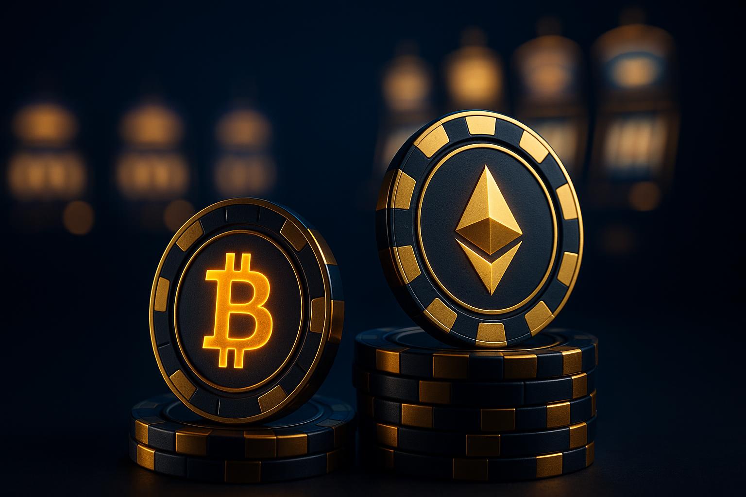 Cryptocurrency casino chips with Bitcoin symbols representing anonymous crypto gambling platforms
