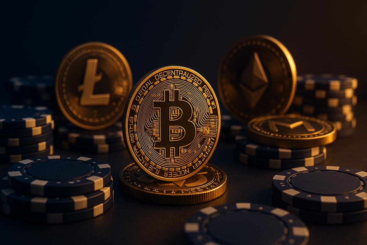 Cryptocurrency coins and casino chips representing digital gambling advantages