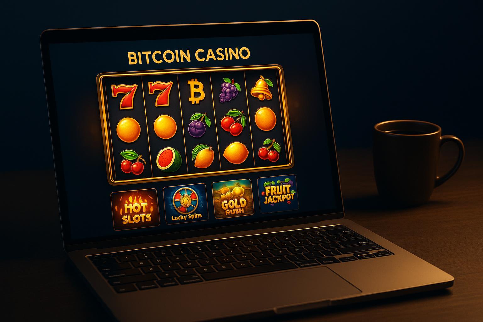 Bitcoin casino gaming platform displayed on laptop screen showing various casino games