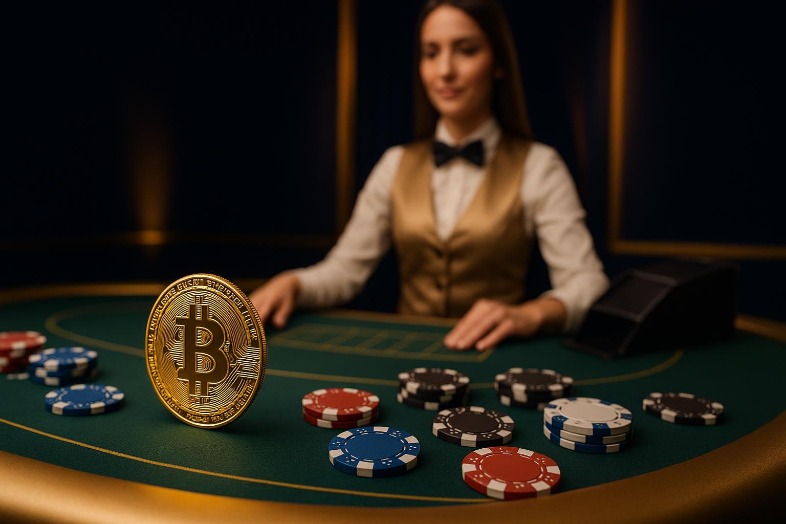 Bitcoin cryptocurrency coin at live dealer casino table with gaming setup