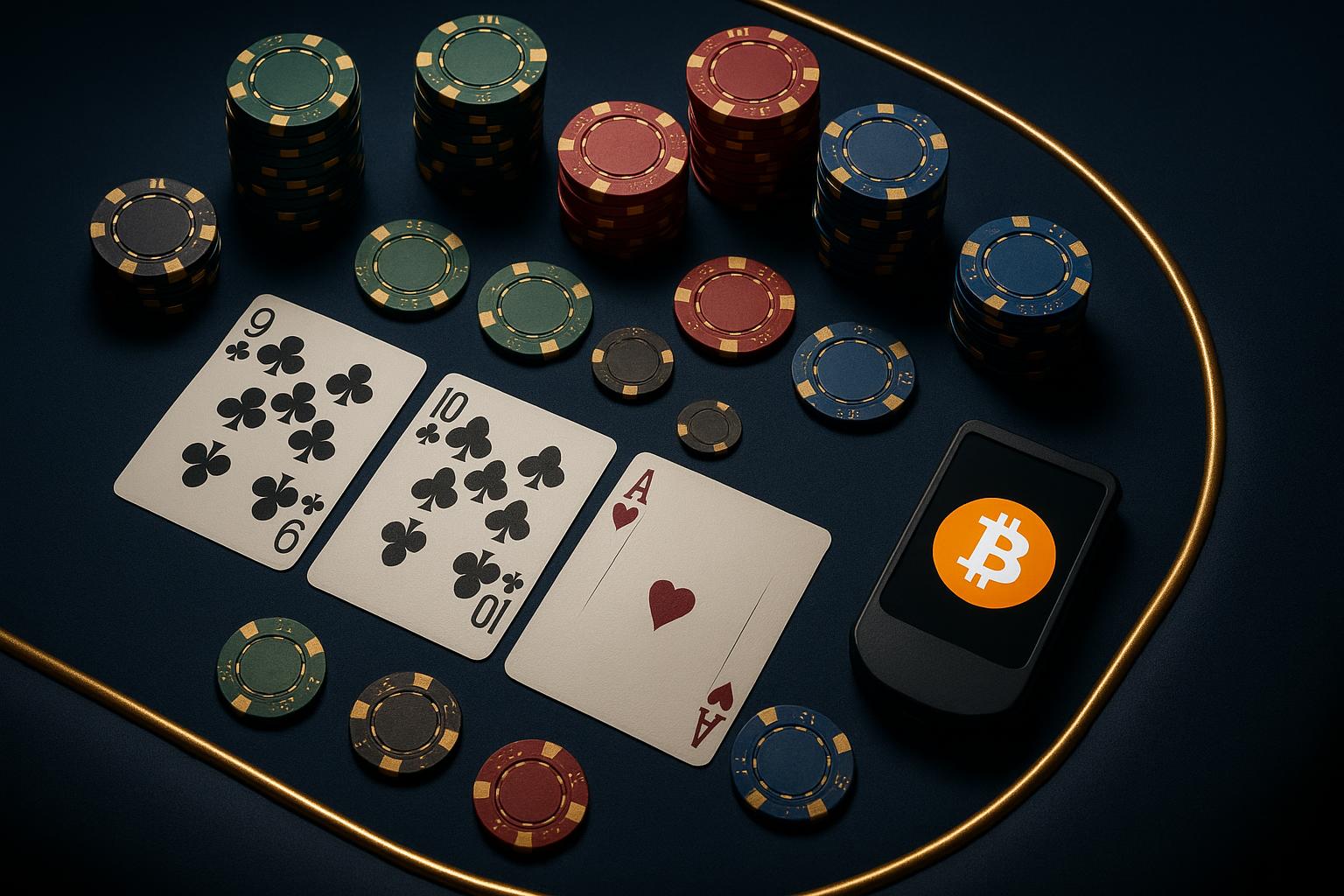 Bitcoin poker table setup with digital wallet and poker chips