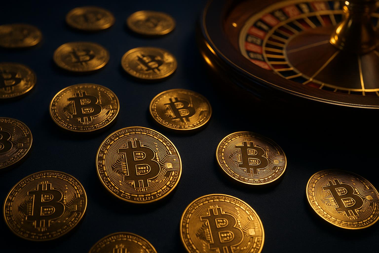 Bitcoin roulette gambling with cryptocurrency coins and casino wheel