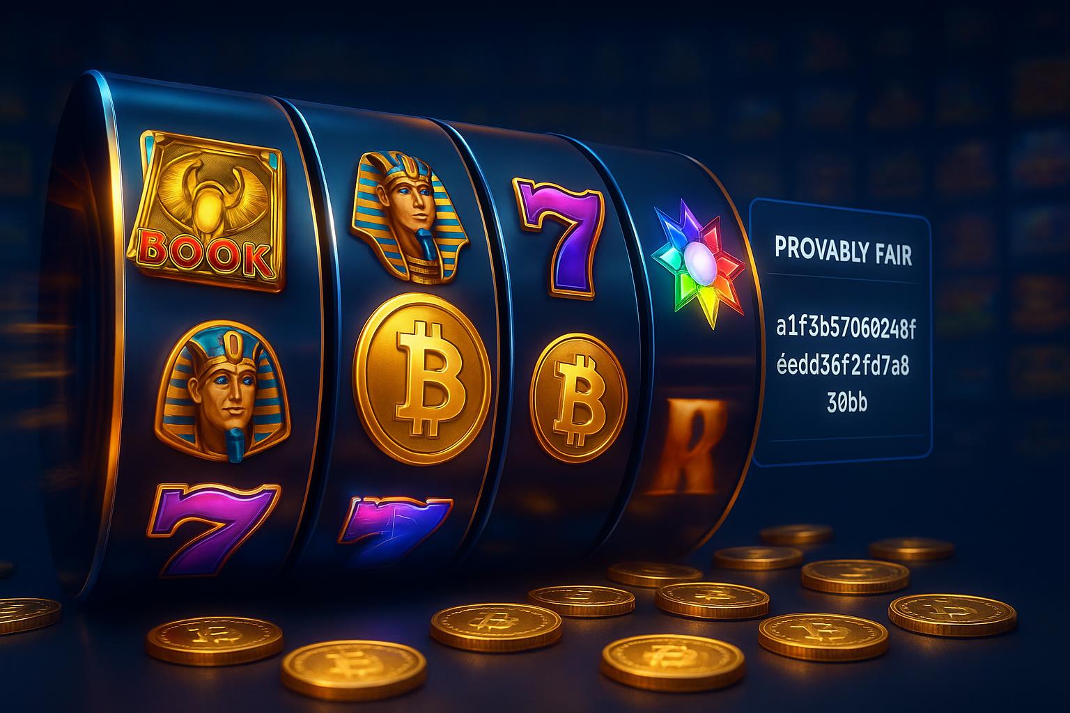 Bitcoin slot games including Book of Dead and Starburst with provably fair blockchain technology verification overlay