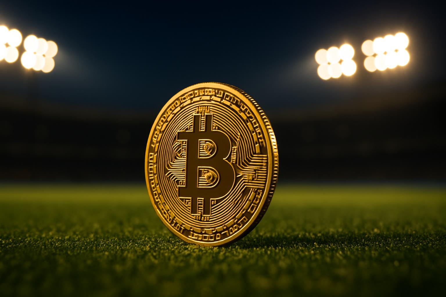 Bitcoin coin on sports field representing cryptocurrency sports betting