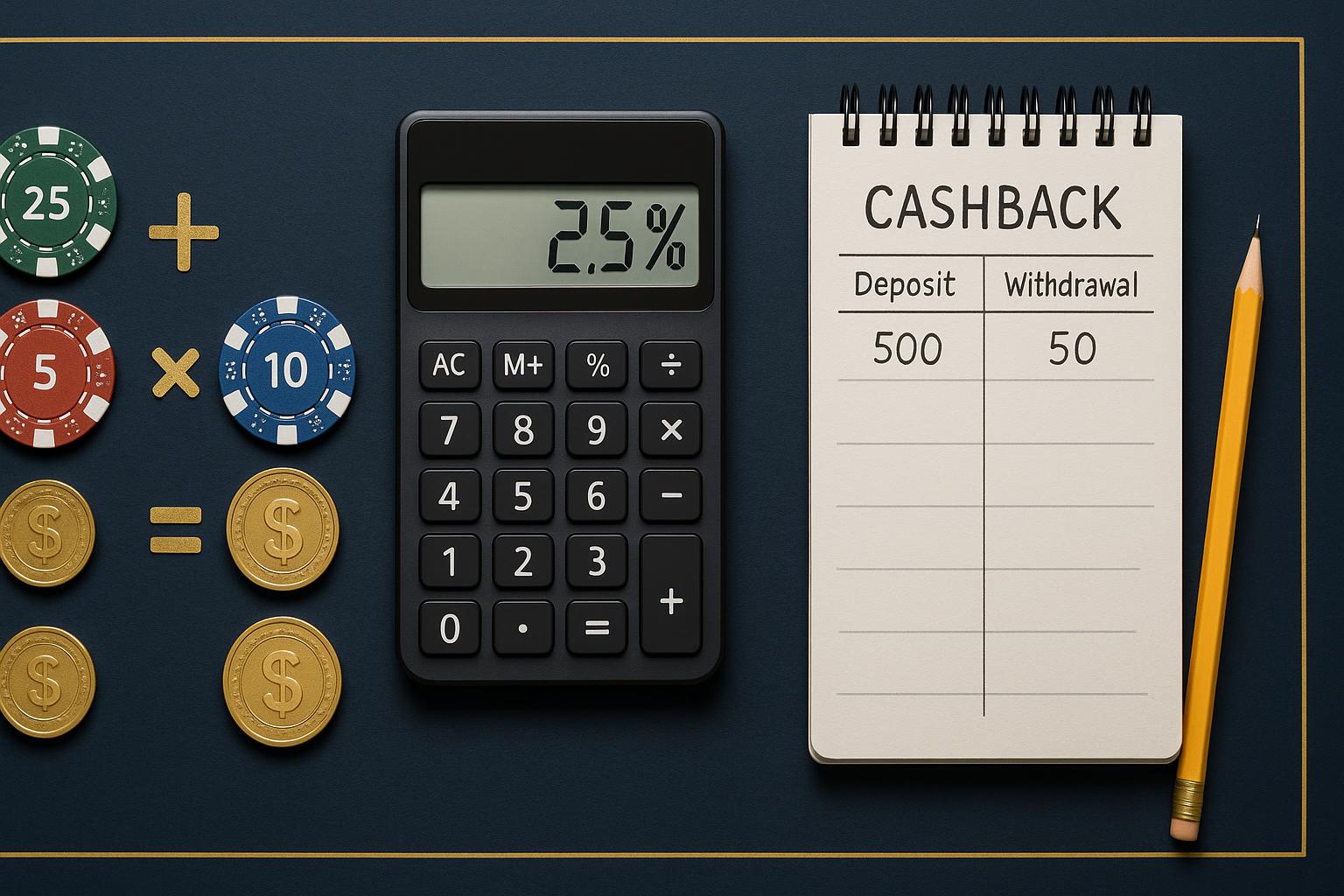Calculator and casino chips arranged to show cashback calculation methods