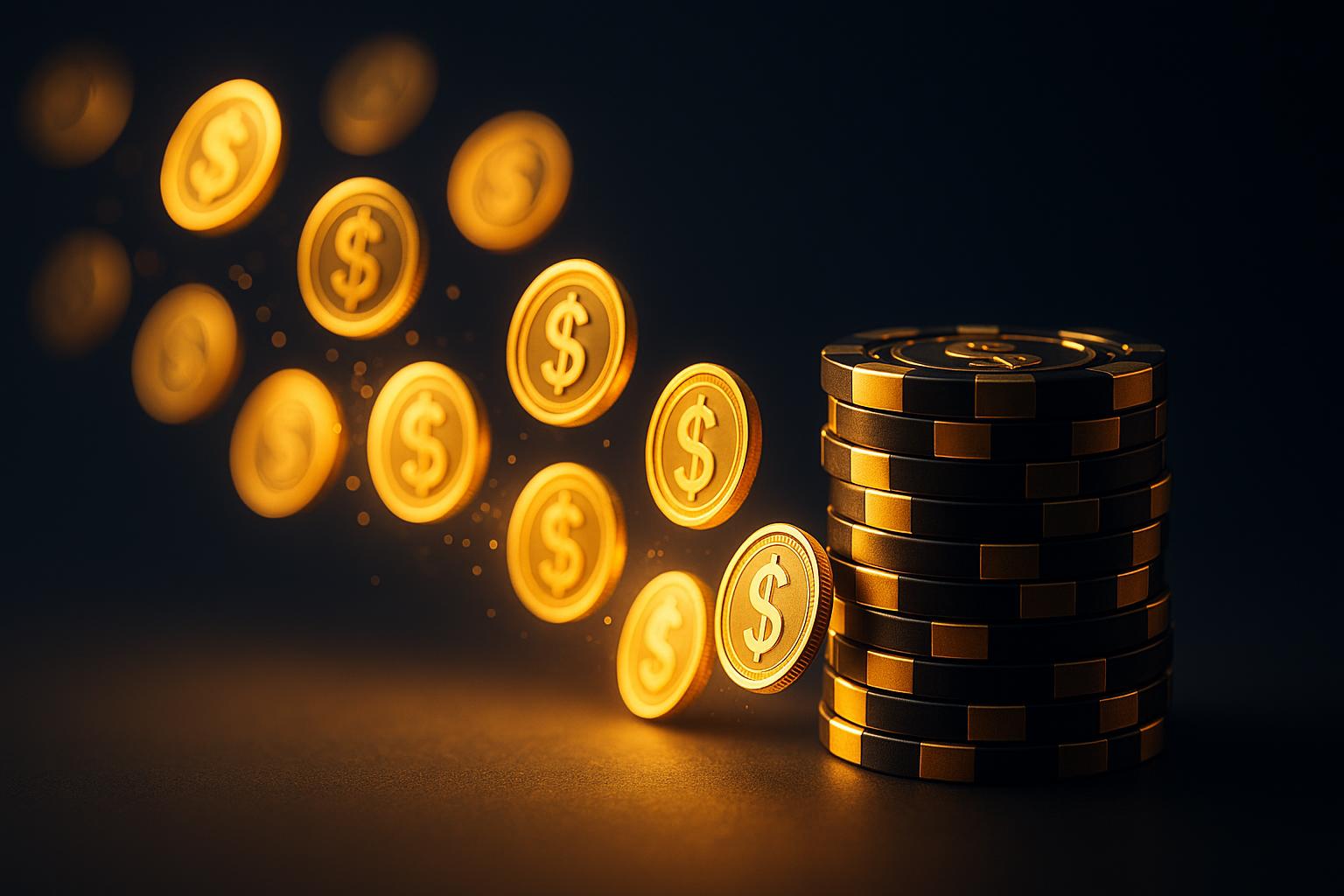 Casino chips with golden coins flowing back representing cashback rewards programs