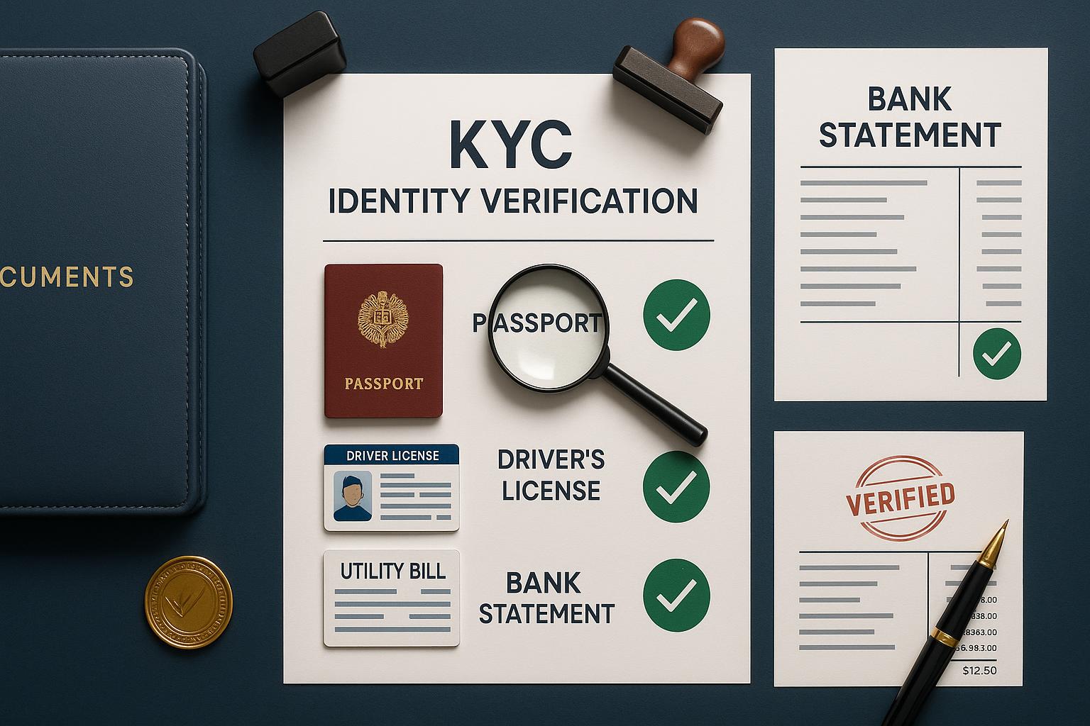 KYC verification documents including passport, ID, proof of address, and payment verification for casino account authentication