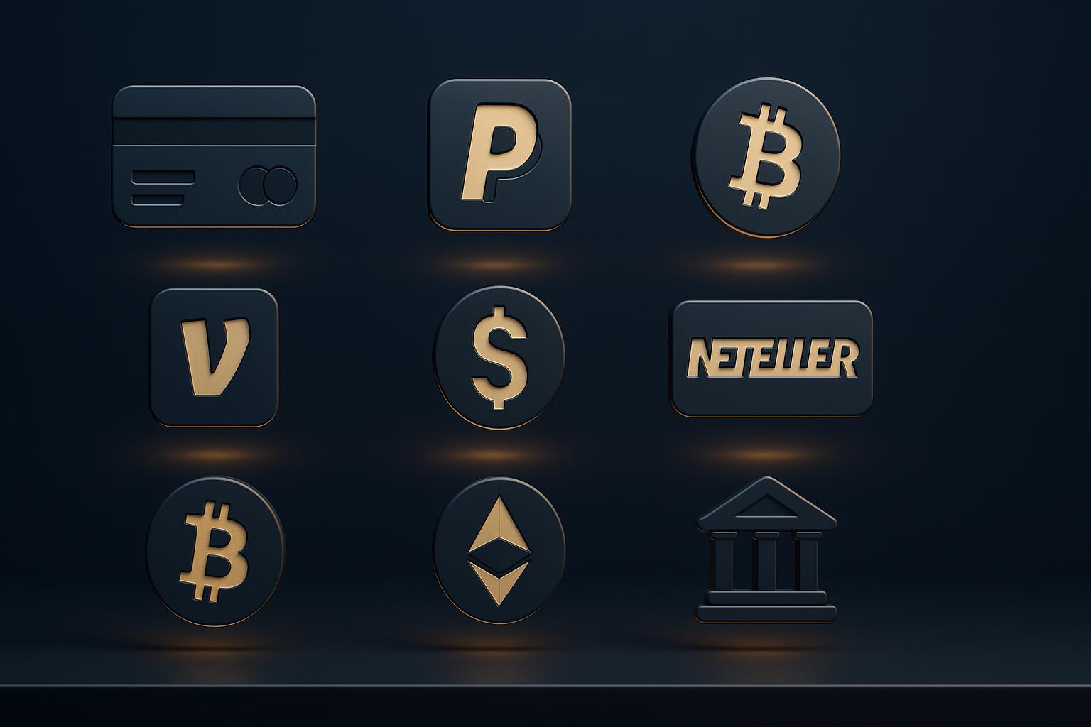Various online casino withdrawal and payment methods displayed including e-wallets, cards, and digital payment options