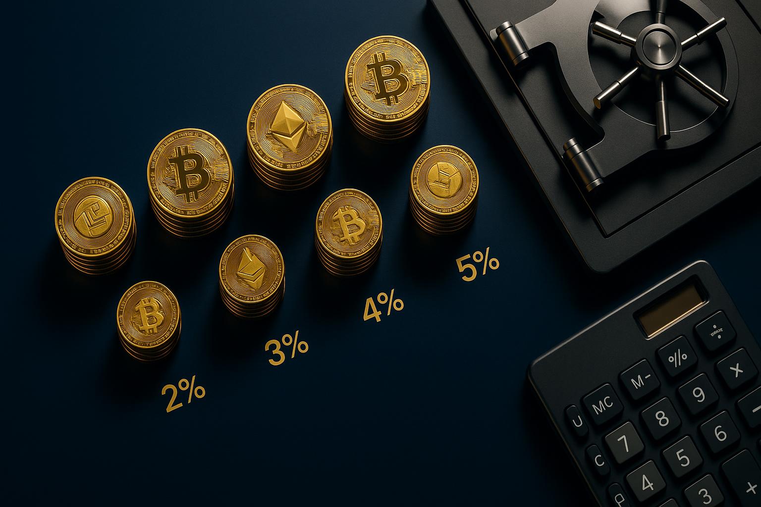 Organized cryptocurrency coin stacks demonstrating 1-5% bankroll management strategy for betting