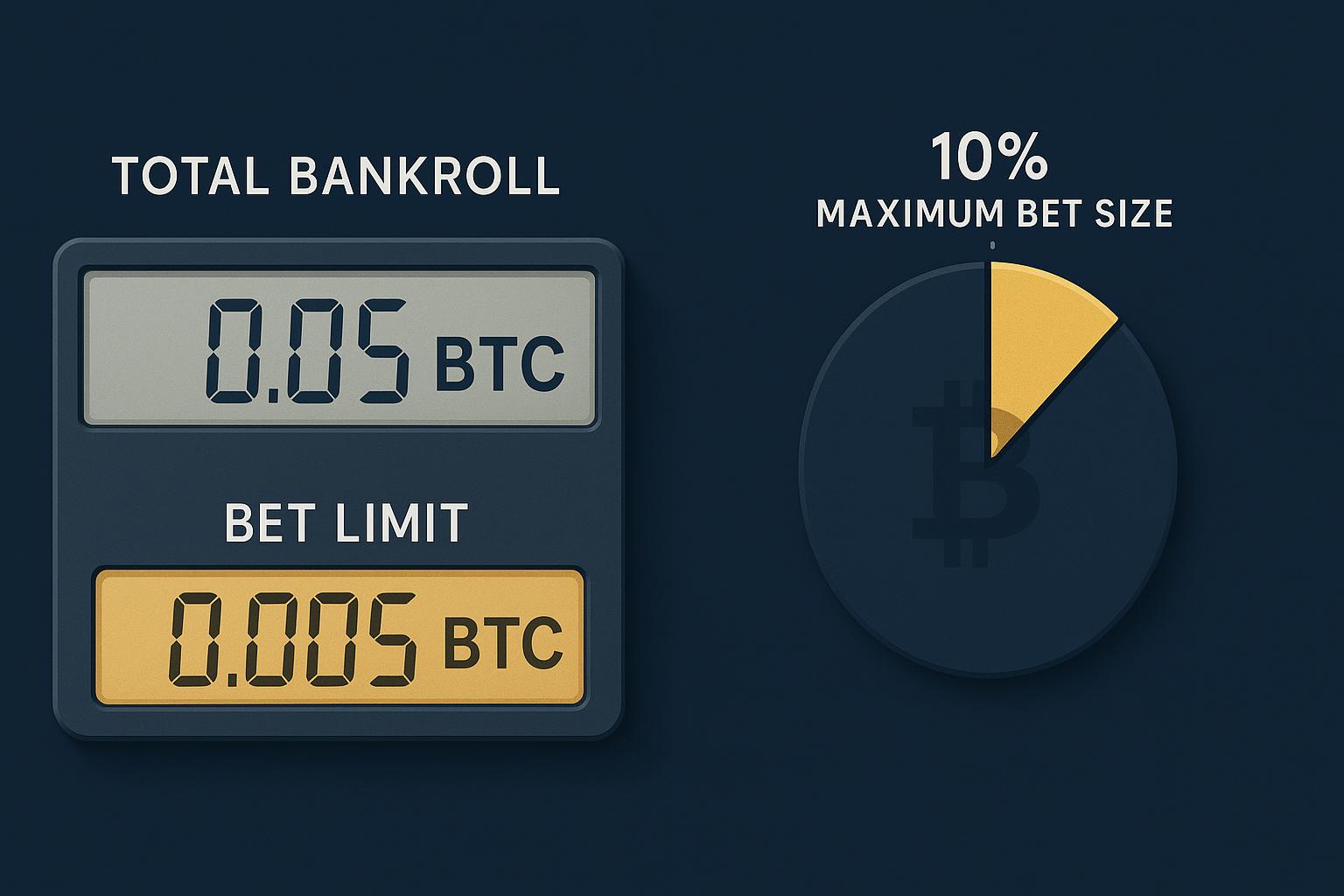 Bitcoin bankroll management strategy showing 0.05 BTC total with 10% maximum bet size allocation of 0.005 BTC