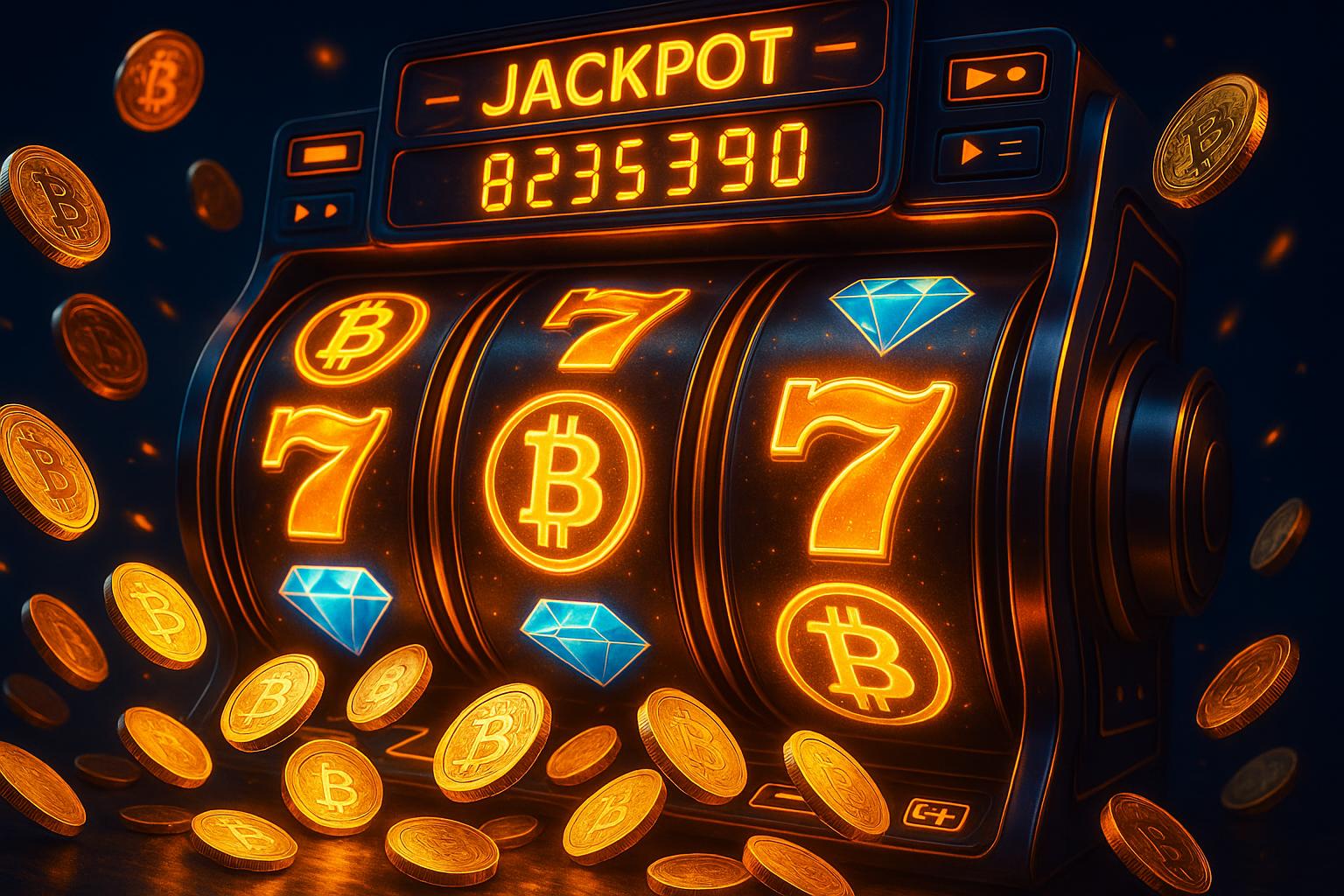 Bitcoin slot machine reels with cryptocurrency symbols and jackpot features on crypto gambling platform