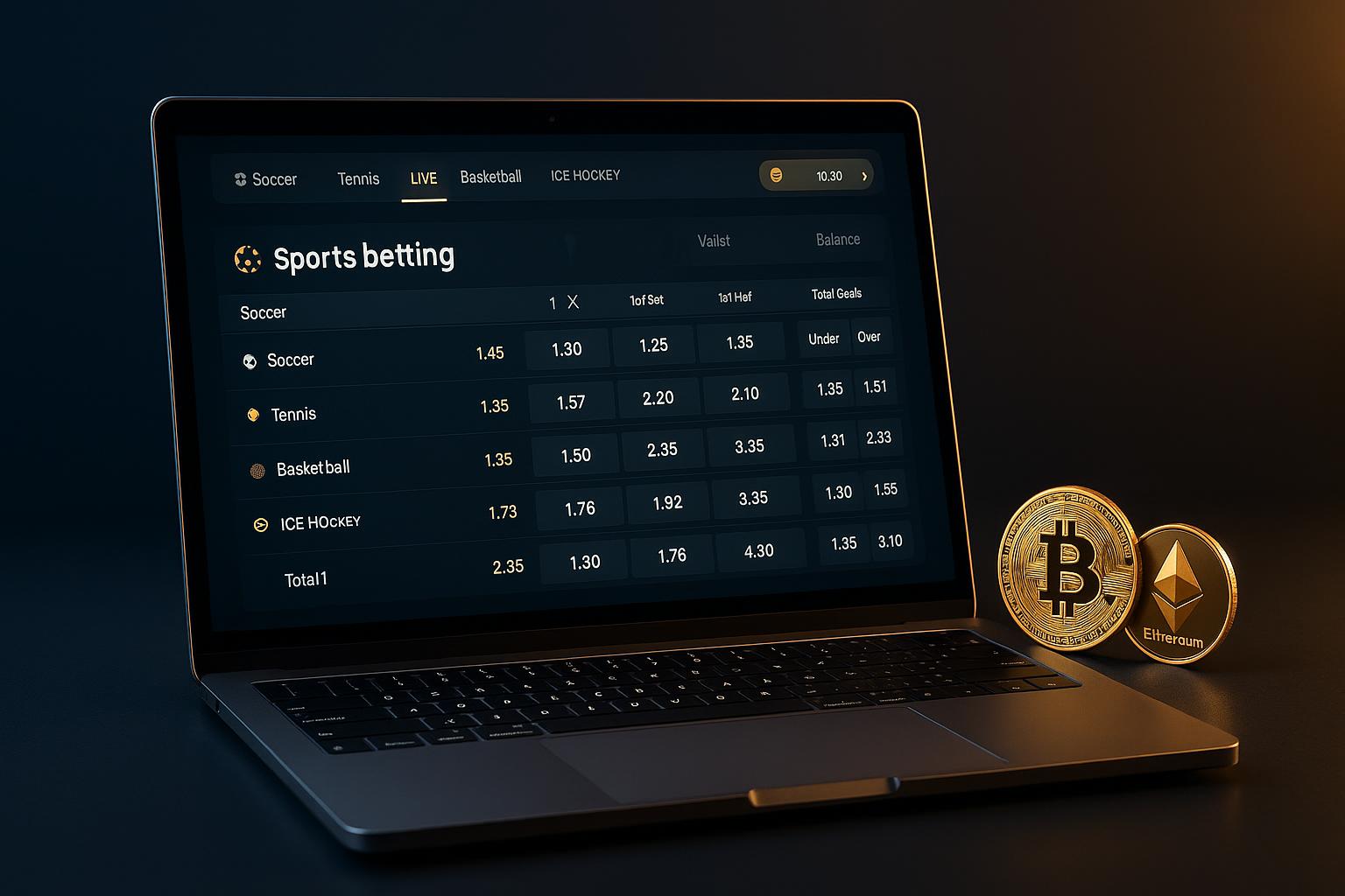 Cryptocurrency sports betting platform with digital wallet and crypto coins on desk