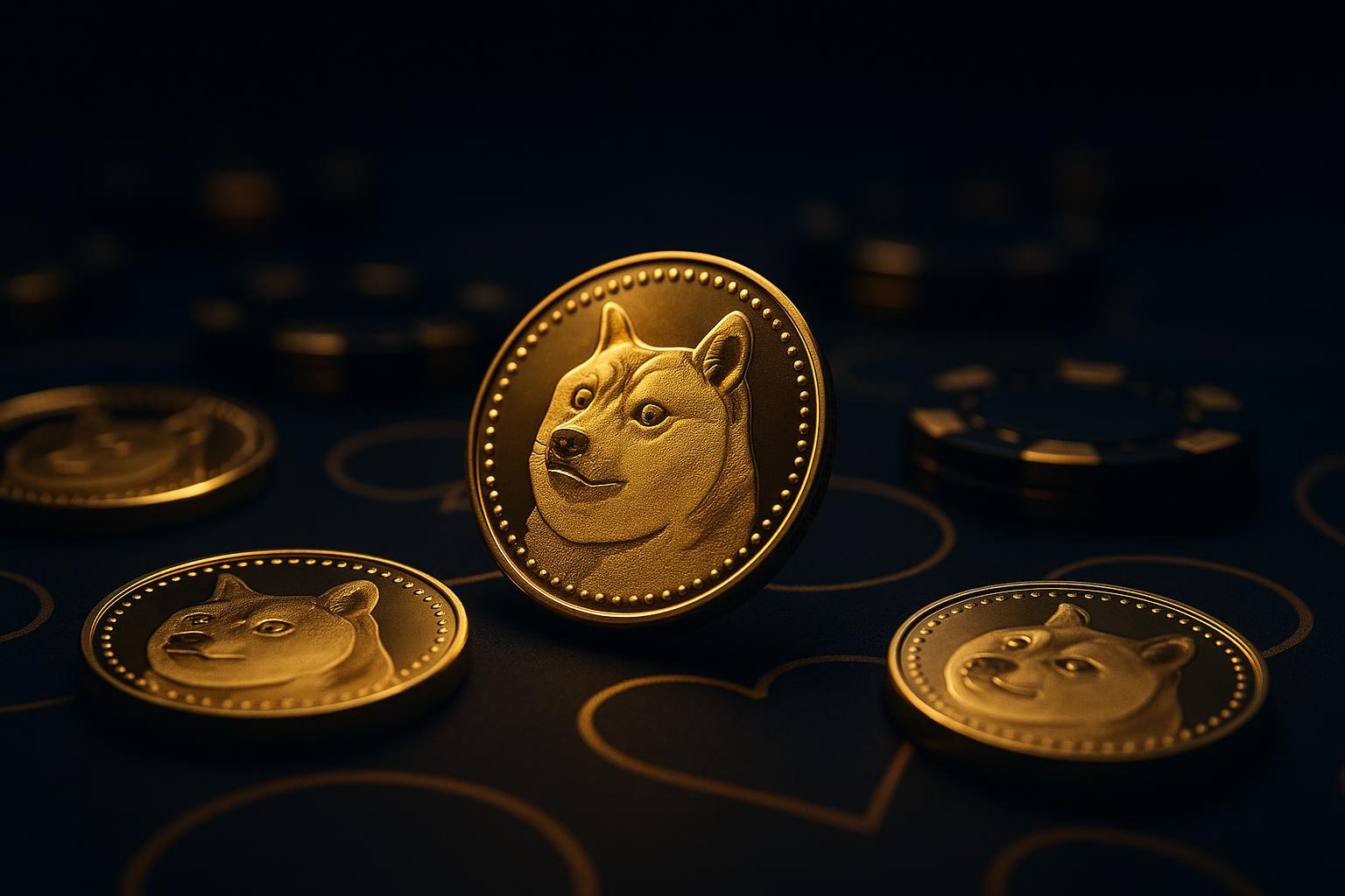 Dogecoin cryptocurrency coins on casino gaming table representing DOGE gambling platforms