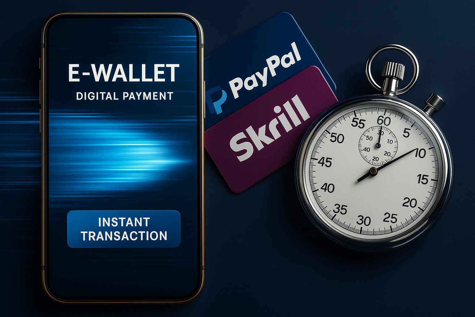 E-wallet payment processing showing fast withdrawal times with digital wallet interface and payment cards