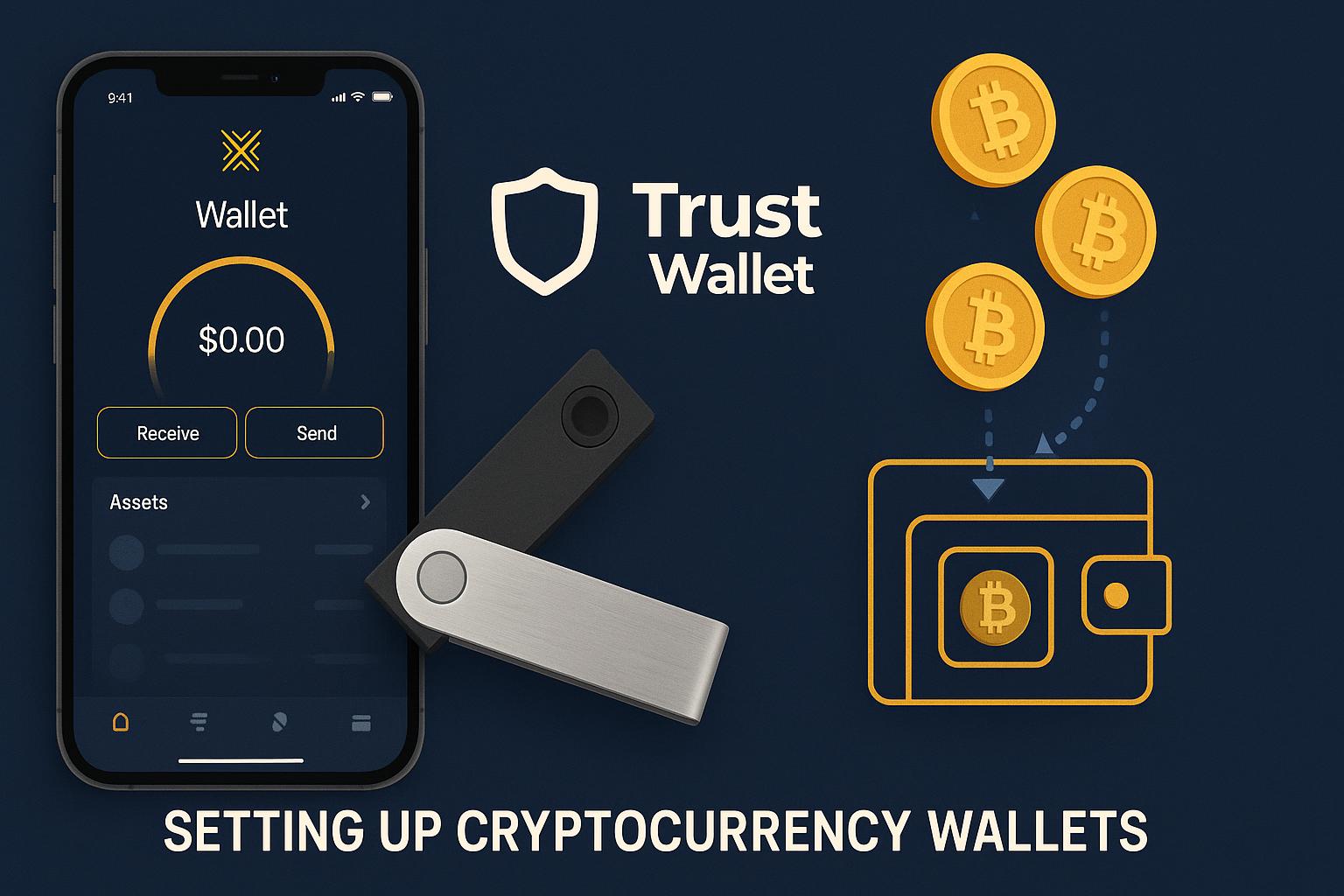 Software wallets Exodus and Trust Wallet displayed with hardware wallet for cryptocurrency gambling setup
