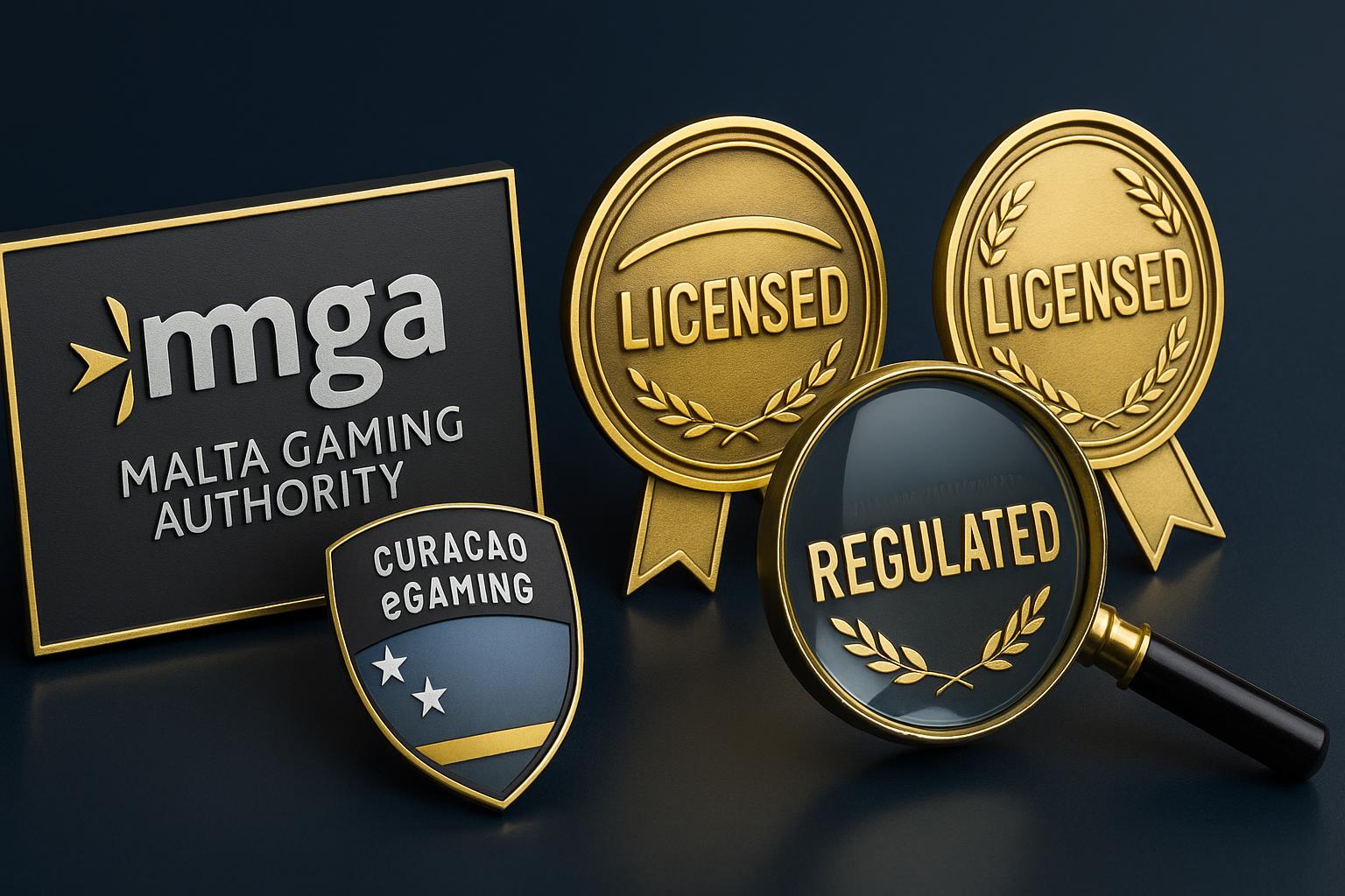 Gambling license verification badges from Malta Gaming Authority and Curacao eGaming regulators for crypto casinos