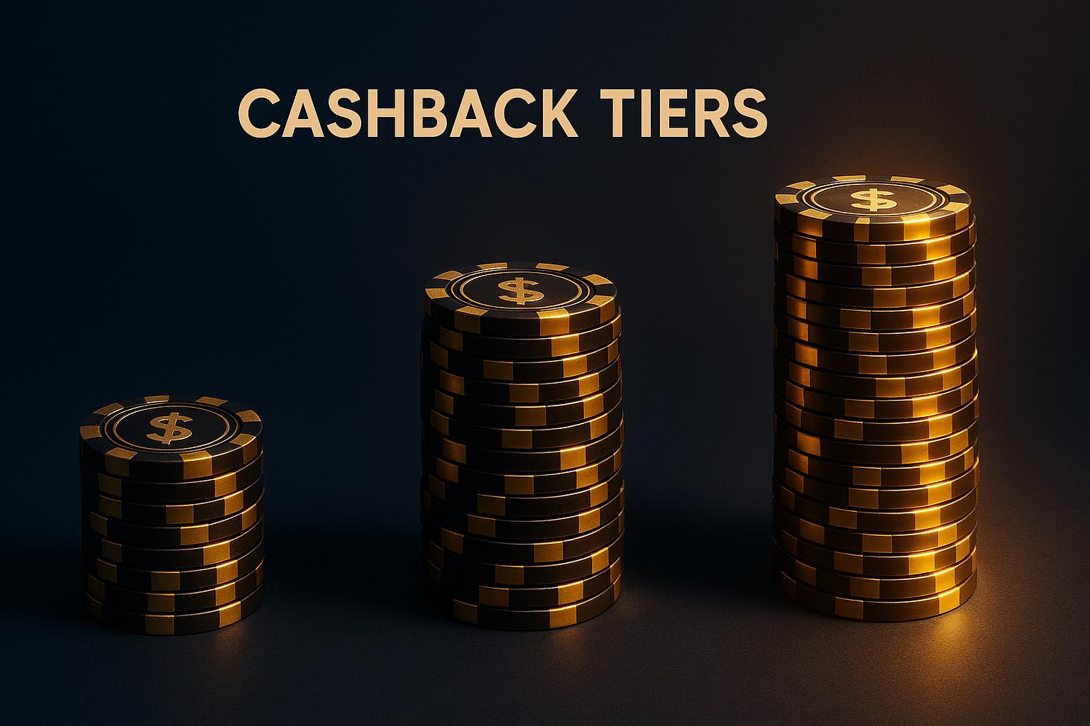 Three tiered stacks of casino chips representing different VIP cashback levels