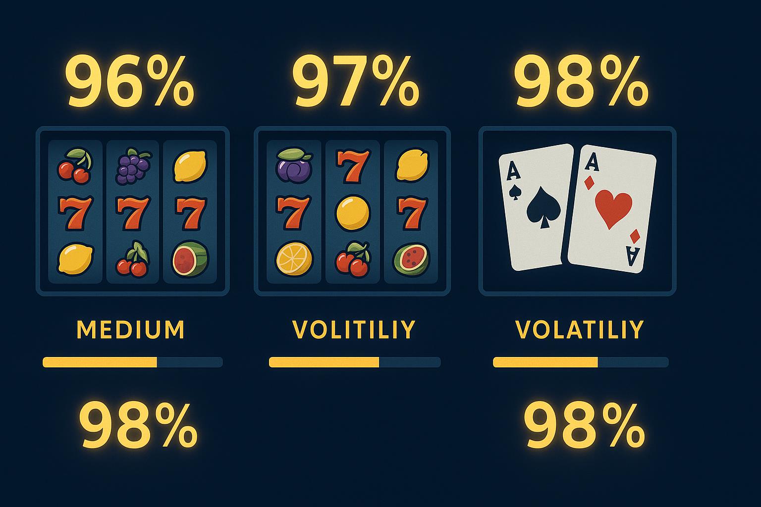 Game selection dashboard comparing slot machines and table games with RTP percentages displayed