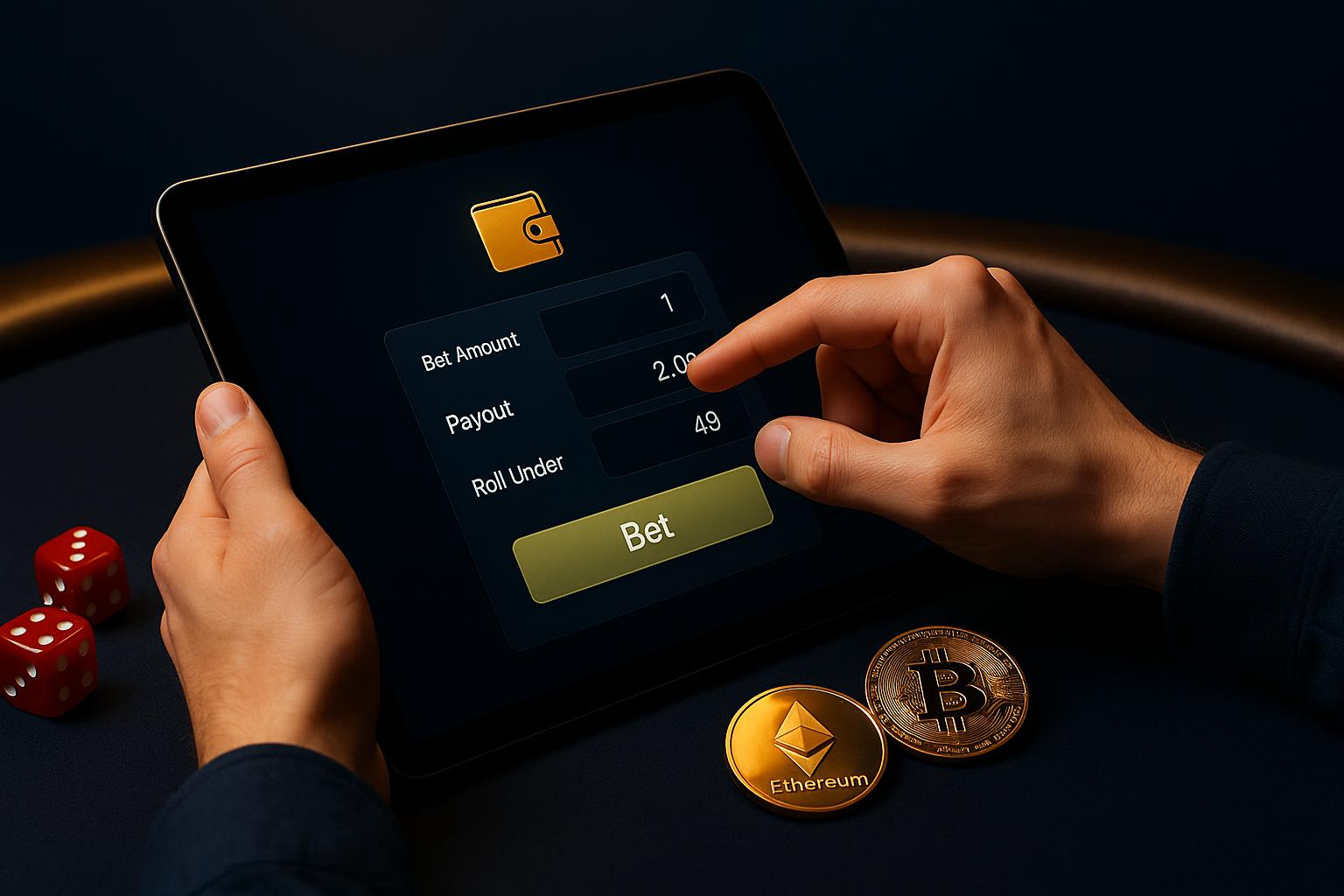 Setting up first cryptocurrency dice bet with betting interface and digital wallet