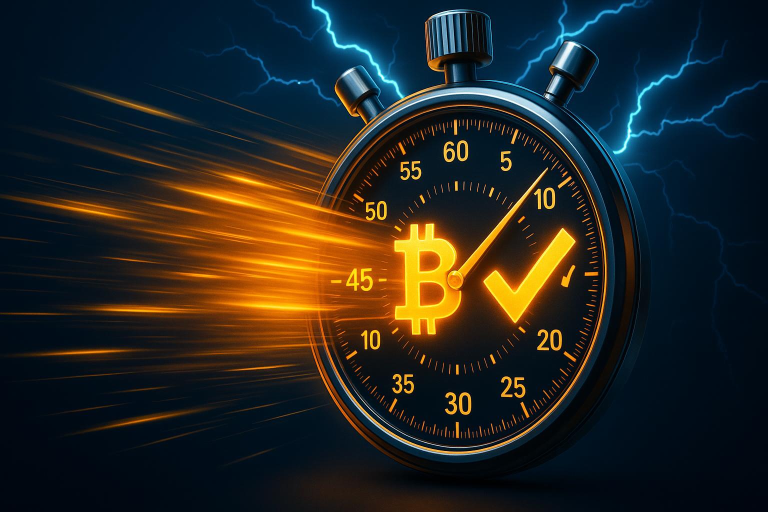 Fast Bitcoin transaction processing visualization with timer and speed elements