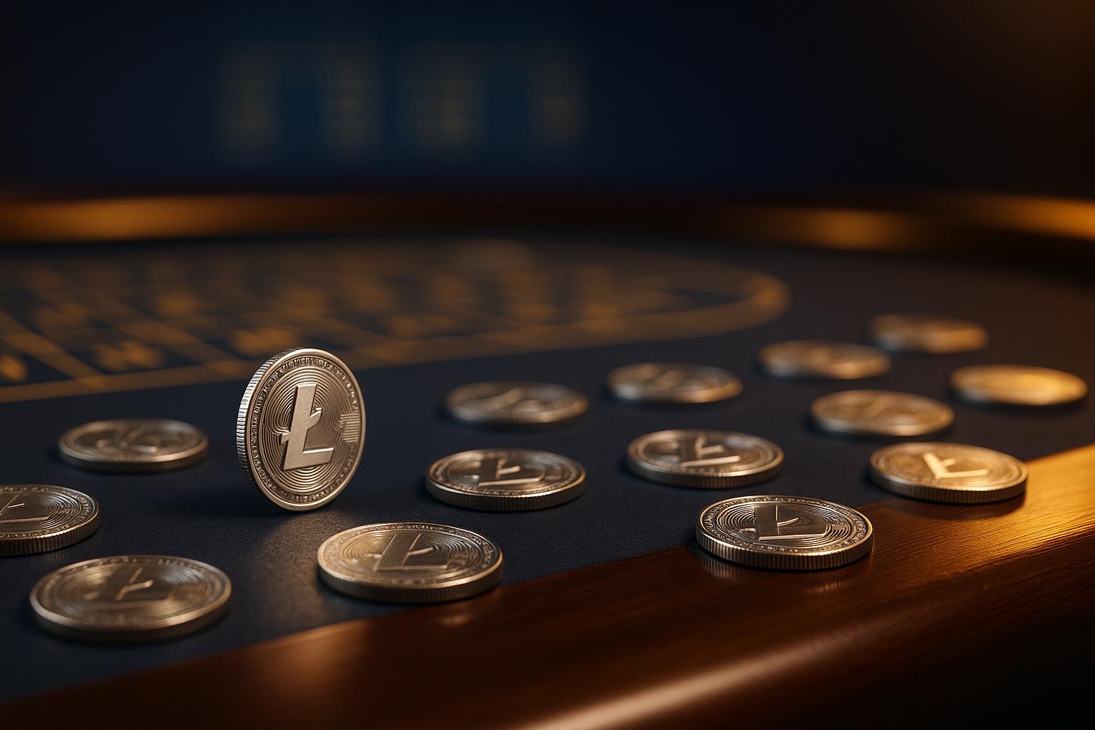 Litecoin coins on casino gaming surface representing cryptocurrency gambling