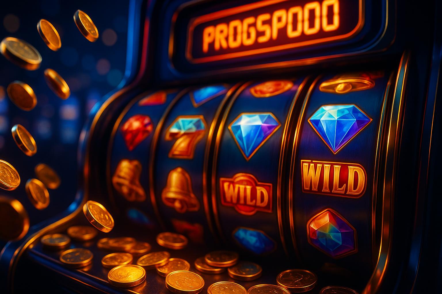 Slot machine reels and golden coins representing Litecoin casino slot games and progressive jackpots