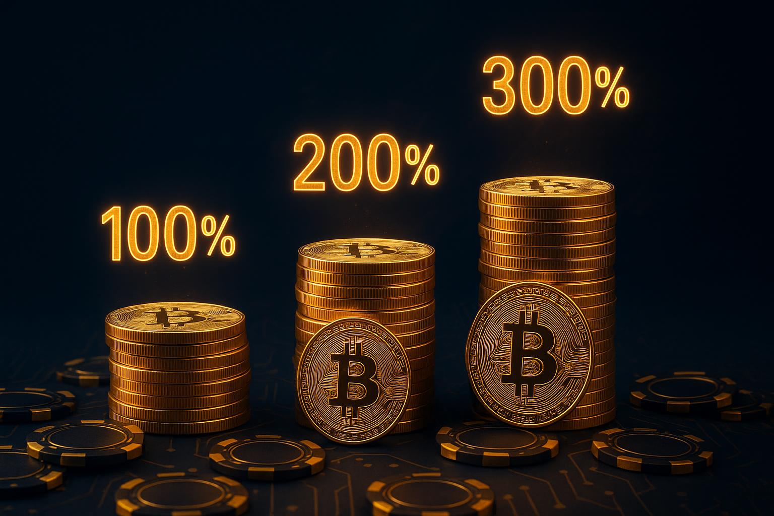 Tiered Bitcoin stacks representing multi-level cryptocurrency casino welcome bonus structures