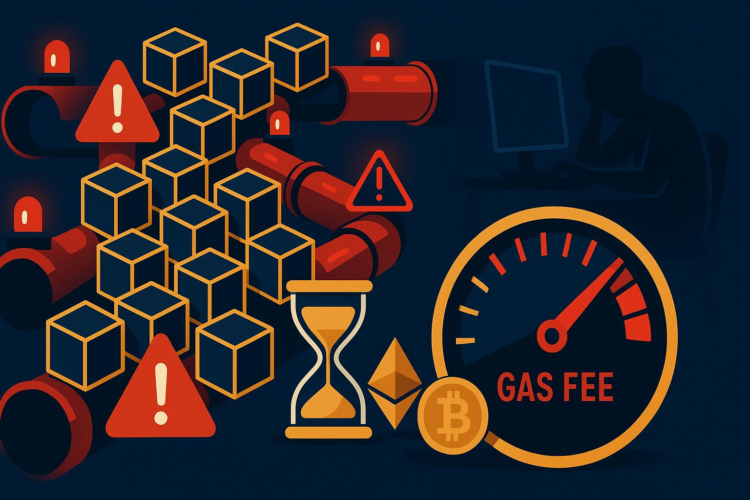 Blockchain network congestion visualization showing delayed transactions and high gas fees