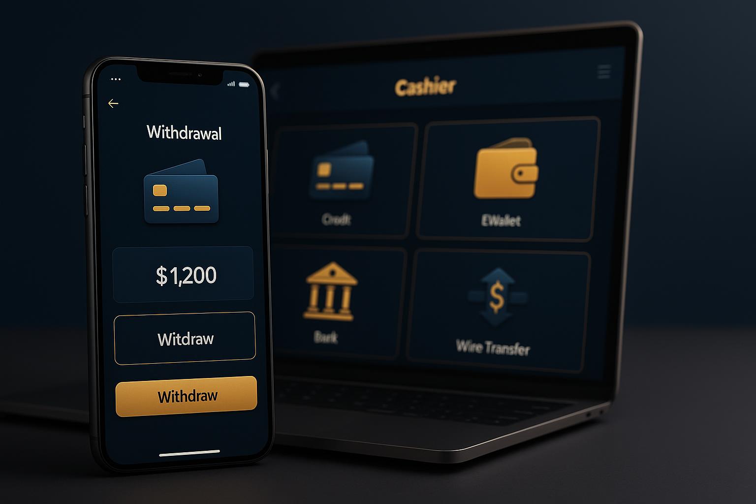 Multiple online casino payment and withdrawal methods displayed on modern devices