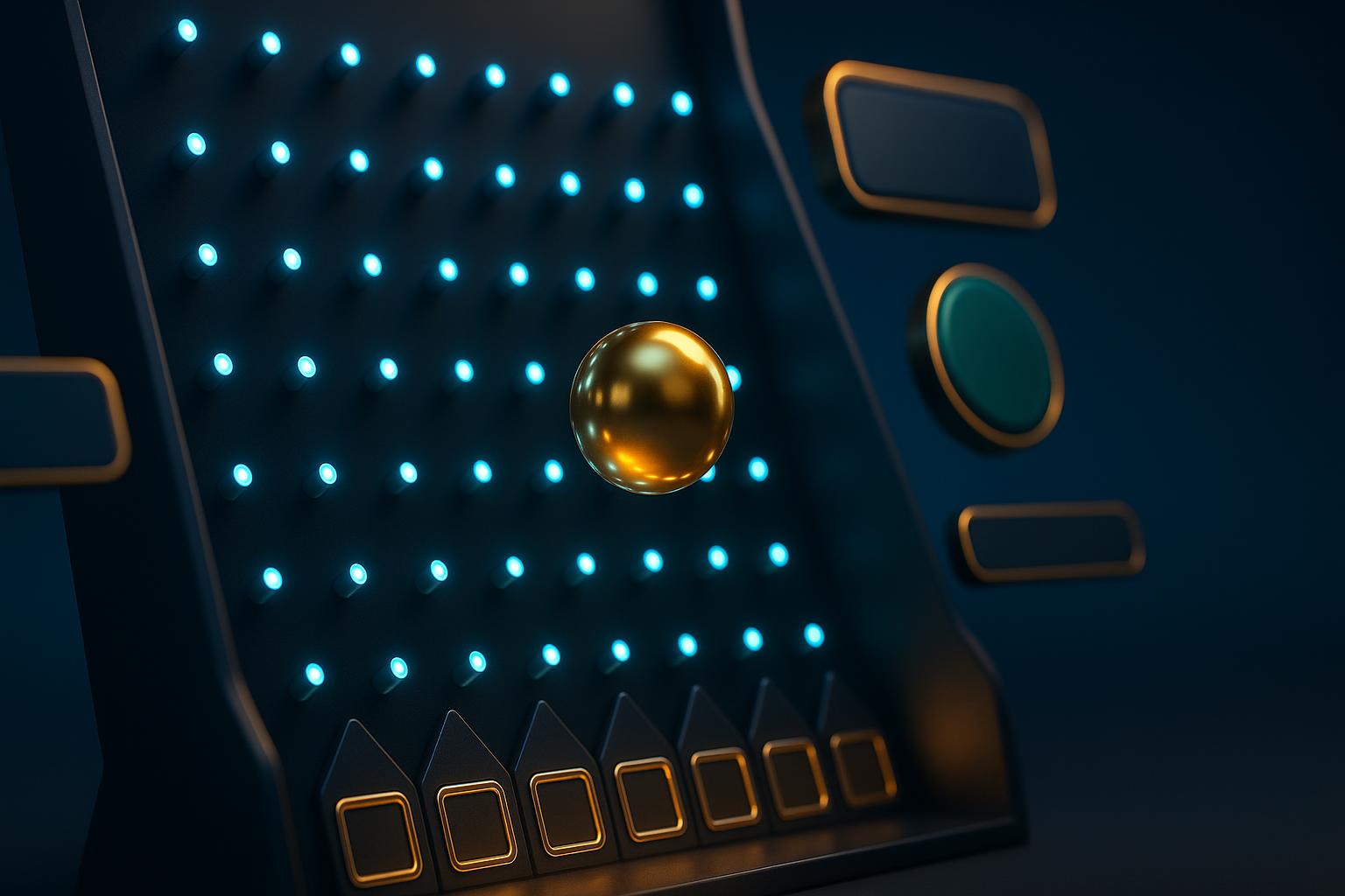 Digital plinko game board with illuminated pegs and golden ball in motion