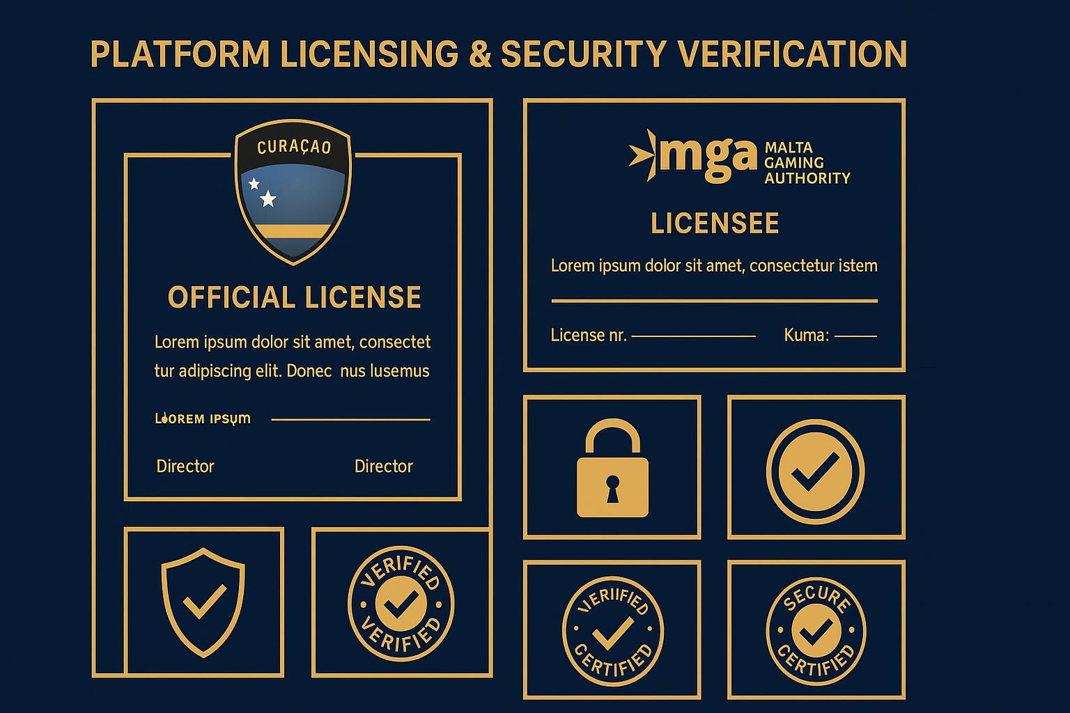 Gambling license certificates and security verification badges from regulatory authorities