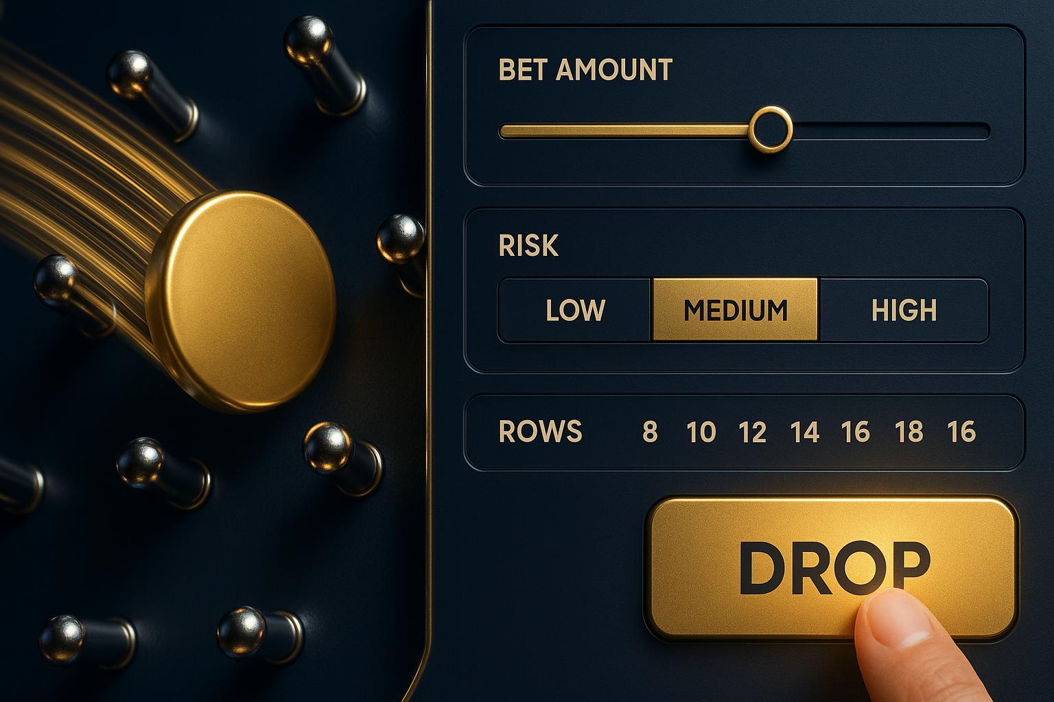 Close-up view of Plinko game controls showing bet selection, risk levels, and drop button