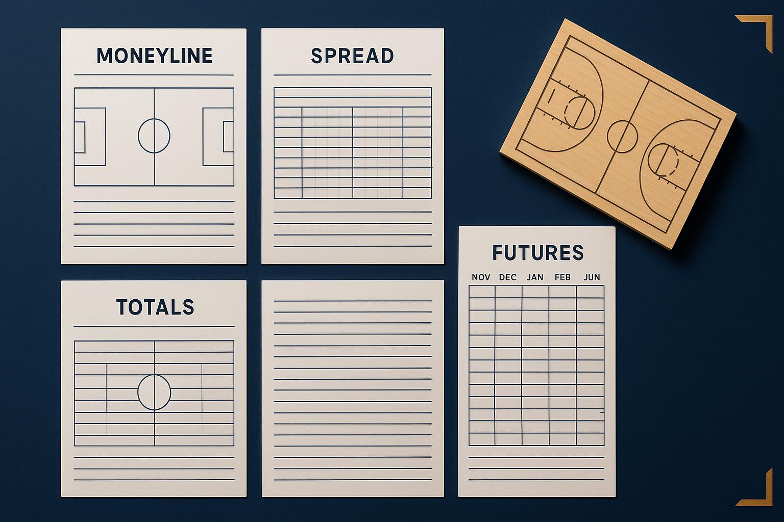 Pre-match betting types including moneyline, spread, totals and futures betting formats