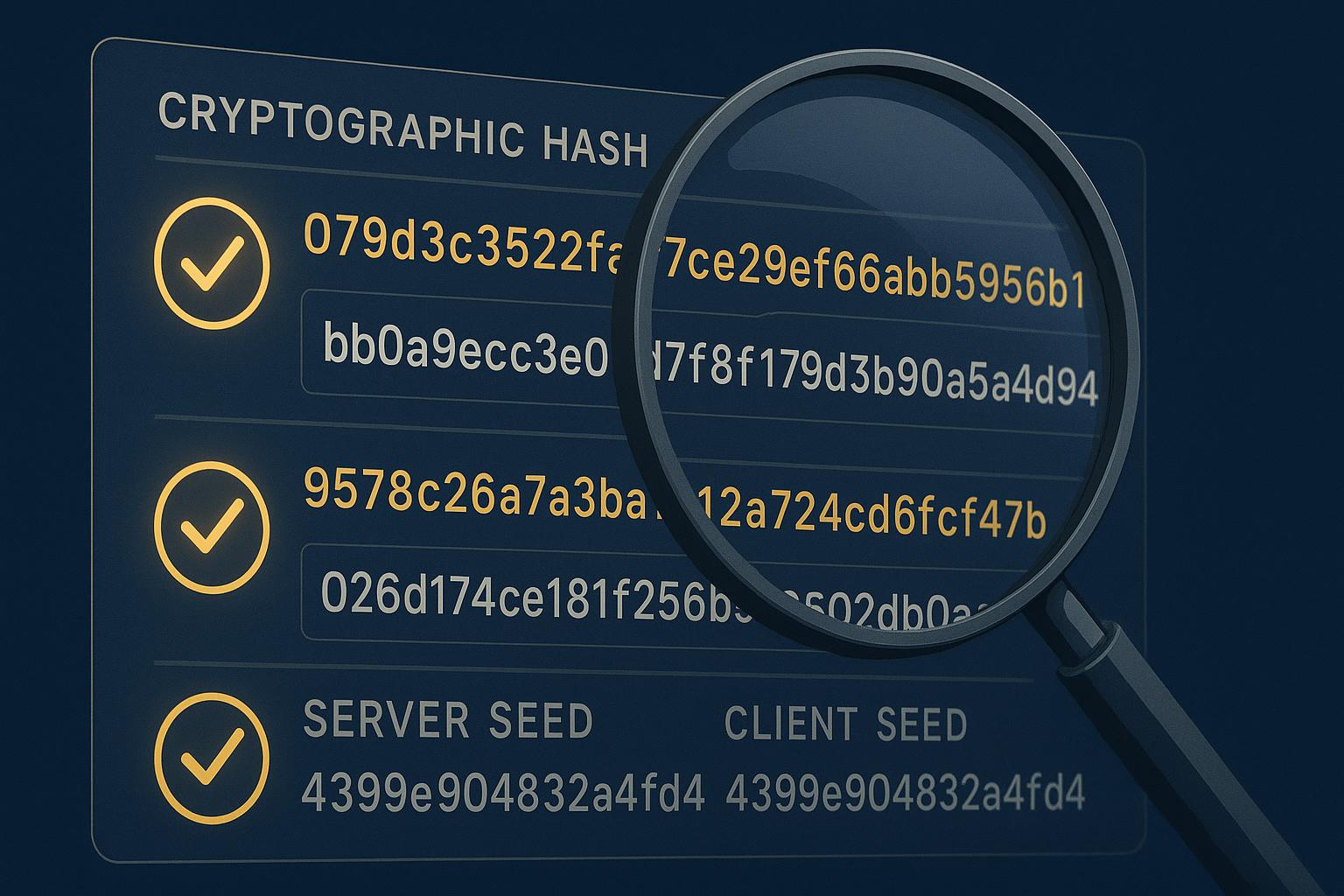 Cryptographic hash verification system showing provably fair betting technology with seed numbers and validation codes