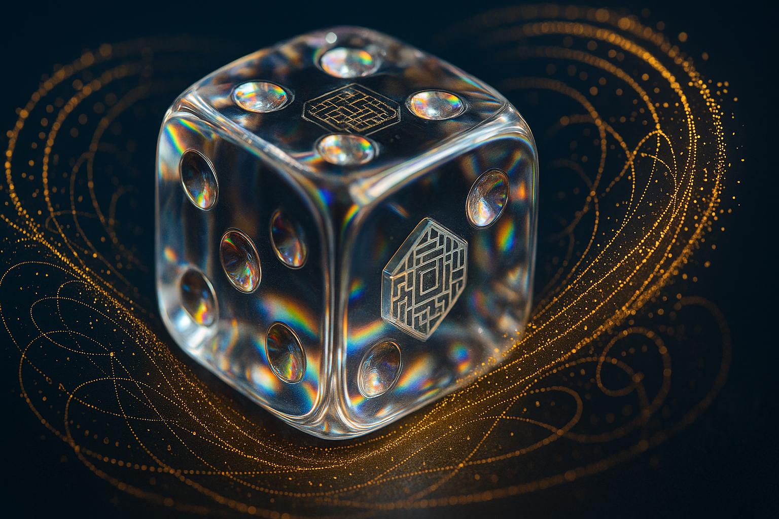Cryptographic verification system represented through transparent dice with algorithmic patterns