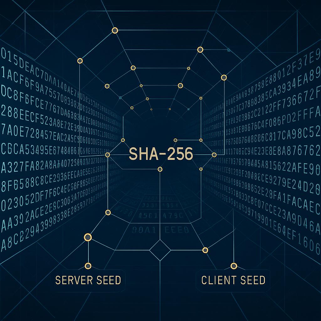 Provably fair technology showing cryptographic hash verification process