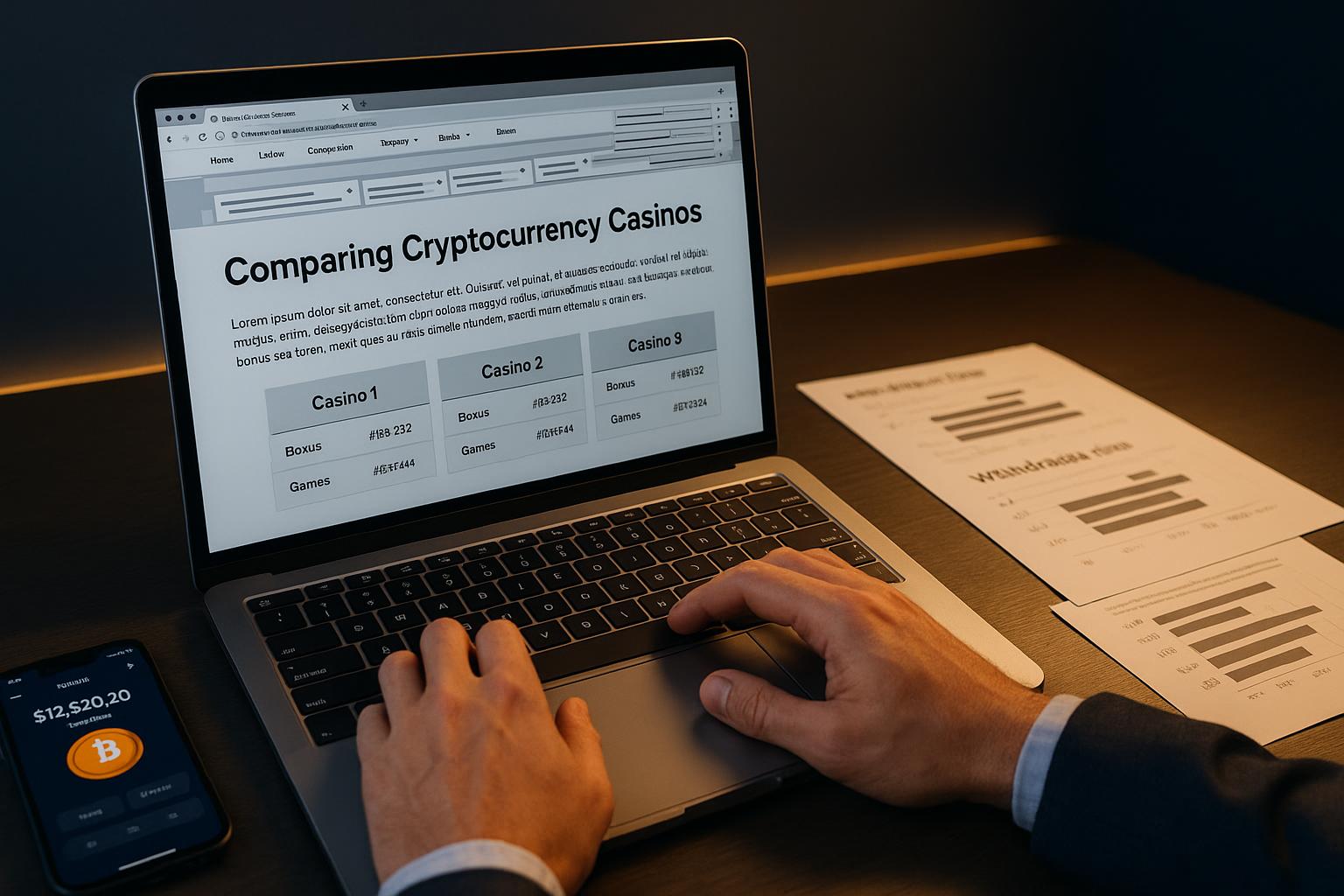 Cryptocurrency casino comparison research setup with laptop and withdrawal time documentation