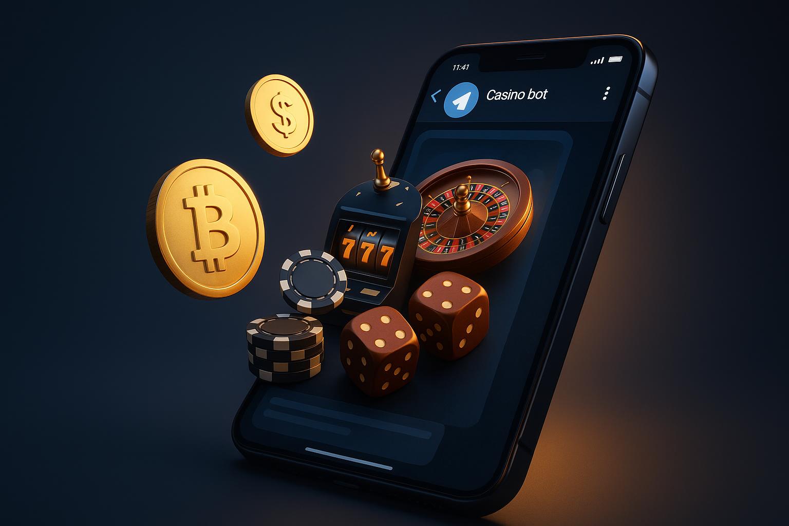 Telegram casino bot interface on mobile device with cryptocurrency elements