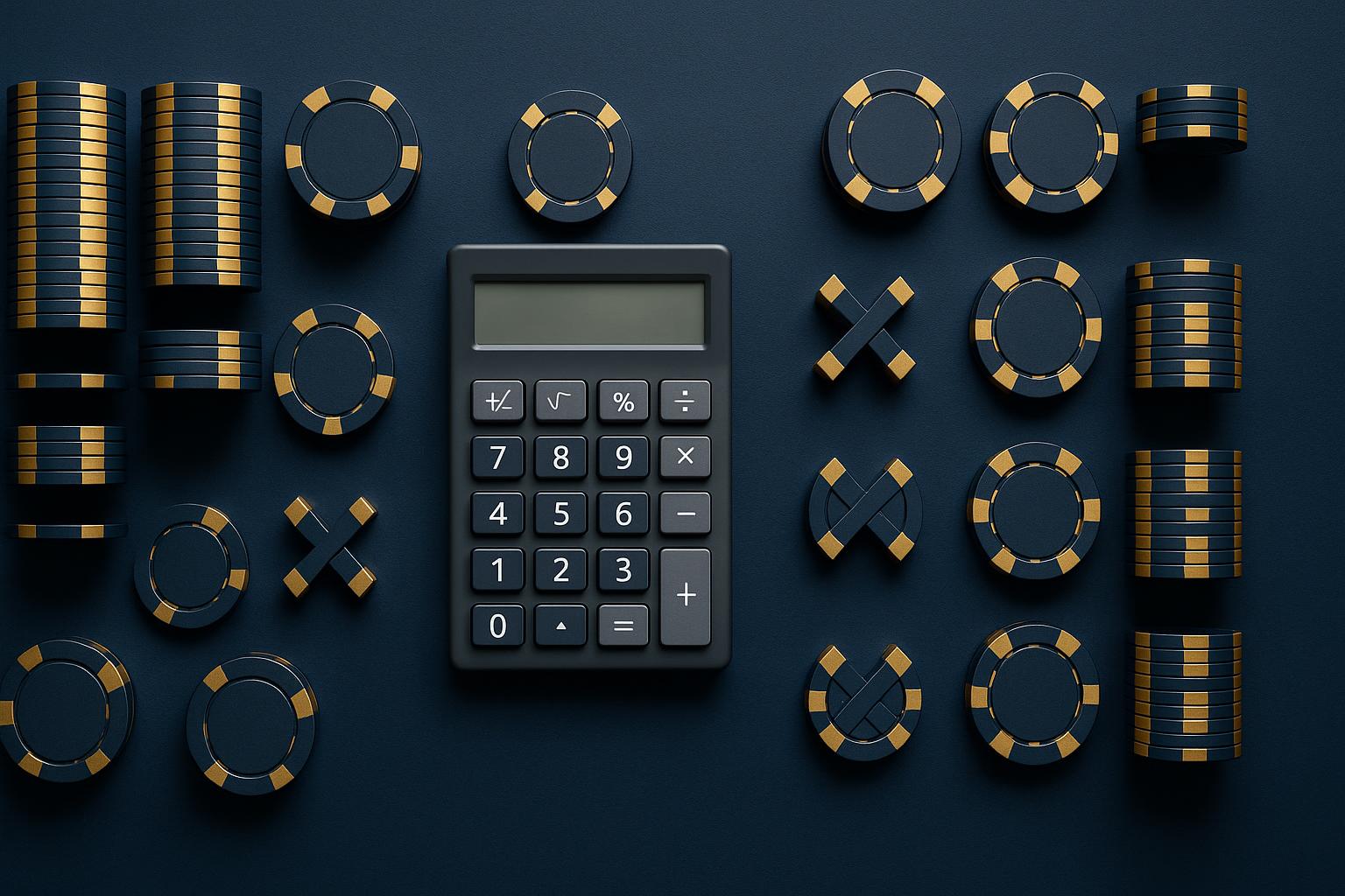 Calculator and casino chips arranged to demonstrate playthrough requirement calculations