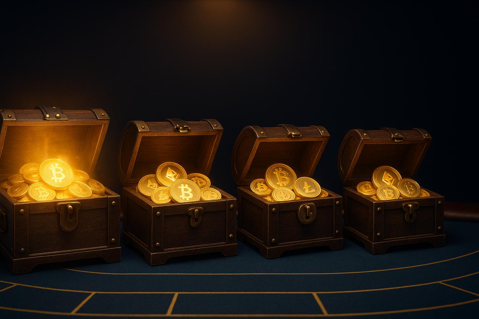 Four treasure chests displaying progressive cryptocurrency casino welcome bonus offerings across multiple deposits