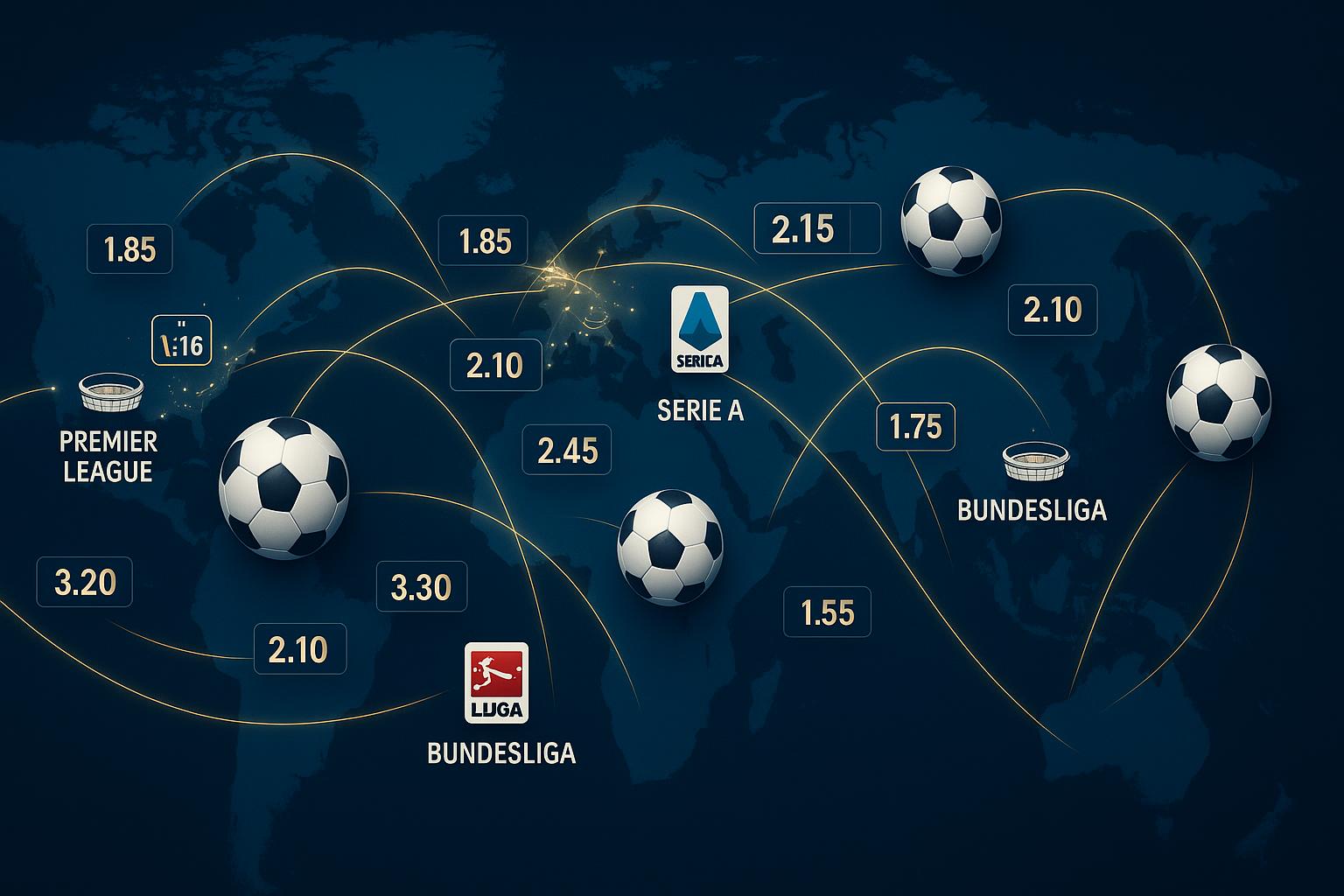 Global soccer league coverage map showing Bitcoin sportsbook betting options across major European leagues