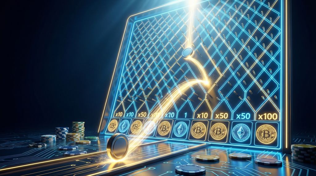 Plinko casino game board with pegged pyramid and glowing puck trajectory, cryptocurrency coins at bottom multiplier slots, neon lighting and casino chips