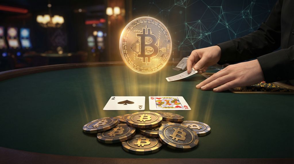 Bitcoin blackjack table from player view with ace and face cards, casino chips featuring Bitcoin logo, glowing BTC coin above table, dealer hands dealing cards on green felt