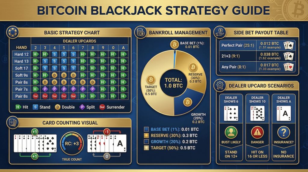 Bitcoin blackjack strategy infographic displaying basic strategy chart, card counting tracker, BTC bankroll management, side bet payouts, and dealer scenario guides