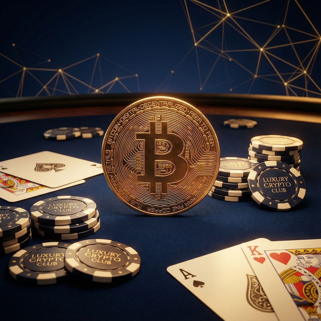 Bitcoin coin standing upright on blue casino table with luxury crypto club poker chips, playing cards showing ace and king, and blockchain network pattern in background