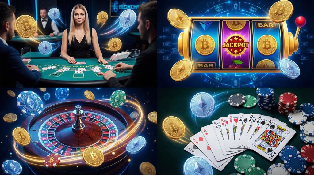Crypto casino game collection showing live dealer blackjack table, slot machine reels with Bitcoin symbols, roulette wheel and poker cards with cryptocurrency coins