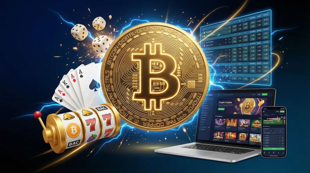 Bitcoin coin surrounded by casino game elements including dice, playing cards, slot reels and sports betting board with laptop and smartphone showing crypto gambling platforms