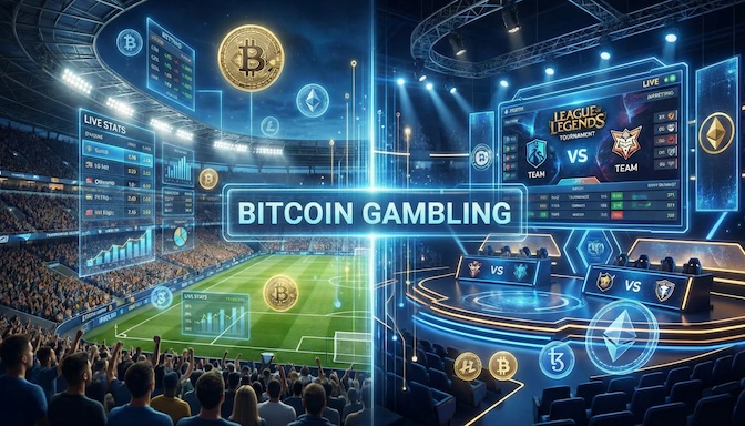 Split screen showing football stadium with betting odds and esports gaming arena with League of Legends tournament, Bitcoin payment icons integrated throughout
