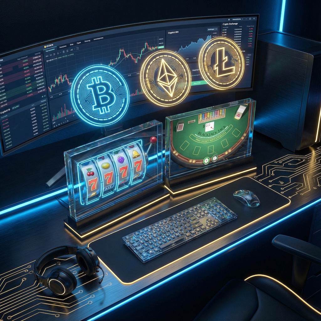 Futuristic crypto casino gaming setup showing computer monitor with Bitcoin, Ethereum and Litecoin coins, digital slot machine, blackjack table, gaming keyboard and headset on glowing desk
