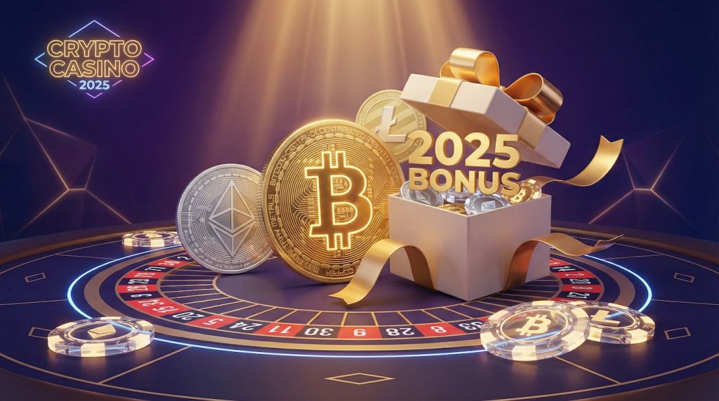 Bitcoin, Ethereum and Litecoin cryptocurrency coins with gift box showing 2025 bonus ribbon, luxury casino chips on purple gradient background with golden lighting